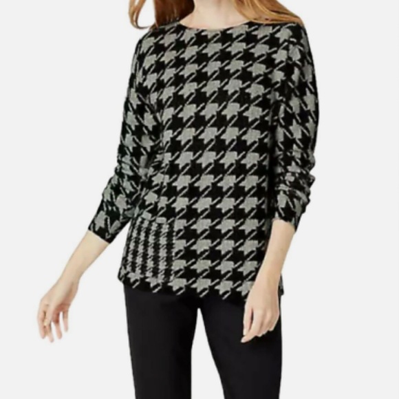 J Jill Gray Black Houndstooth Cotton Knit Dolman Sleeve Sweater - Picture 1 of 7